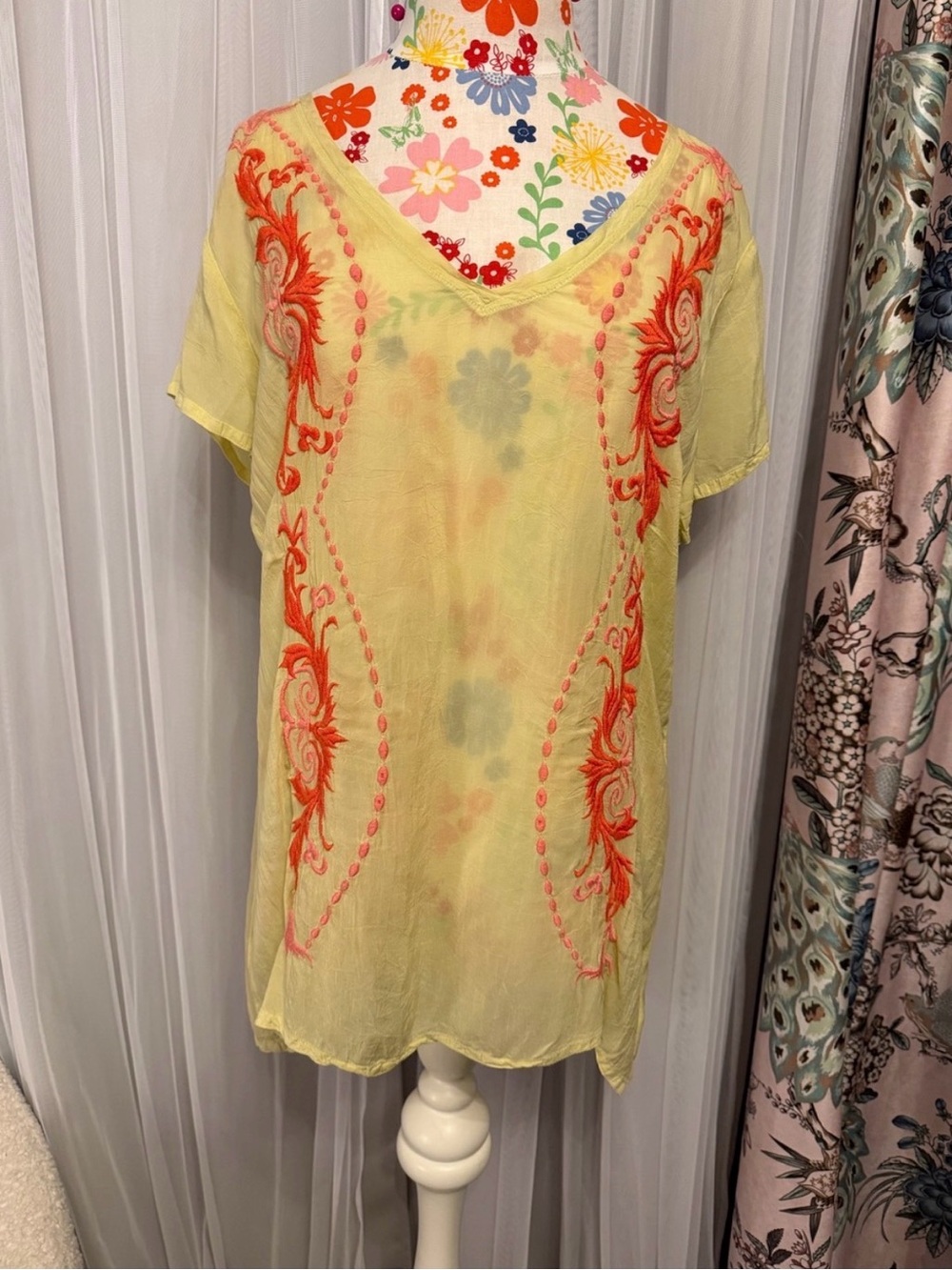 Johnny Was Silk Tunic Dress Size S Yellow Coral Embroidered Boho Sheer